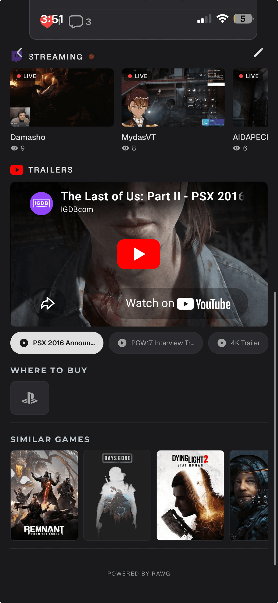 Game streams, trailers, and similar games