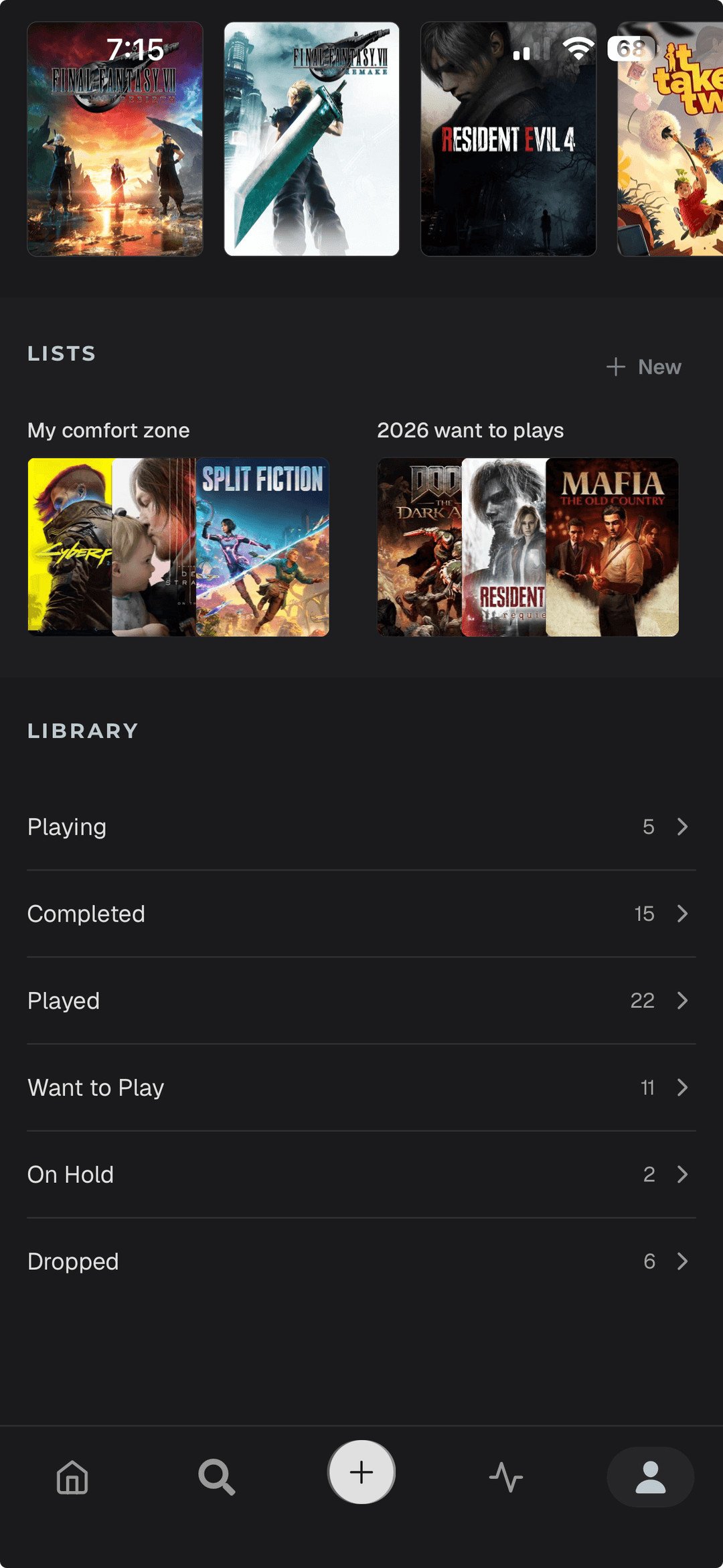 Profile lists and library by status