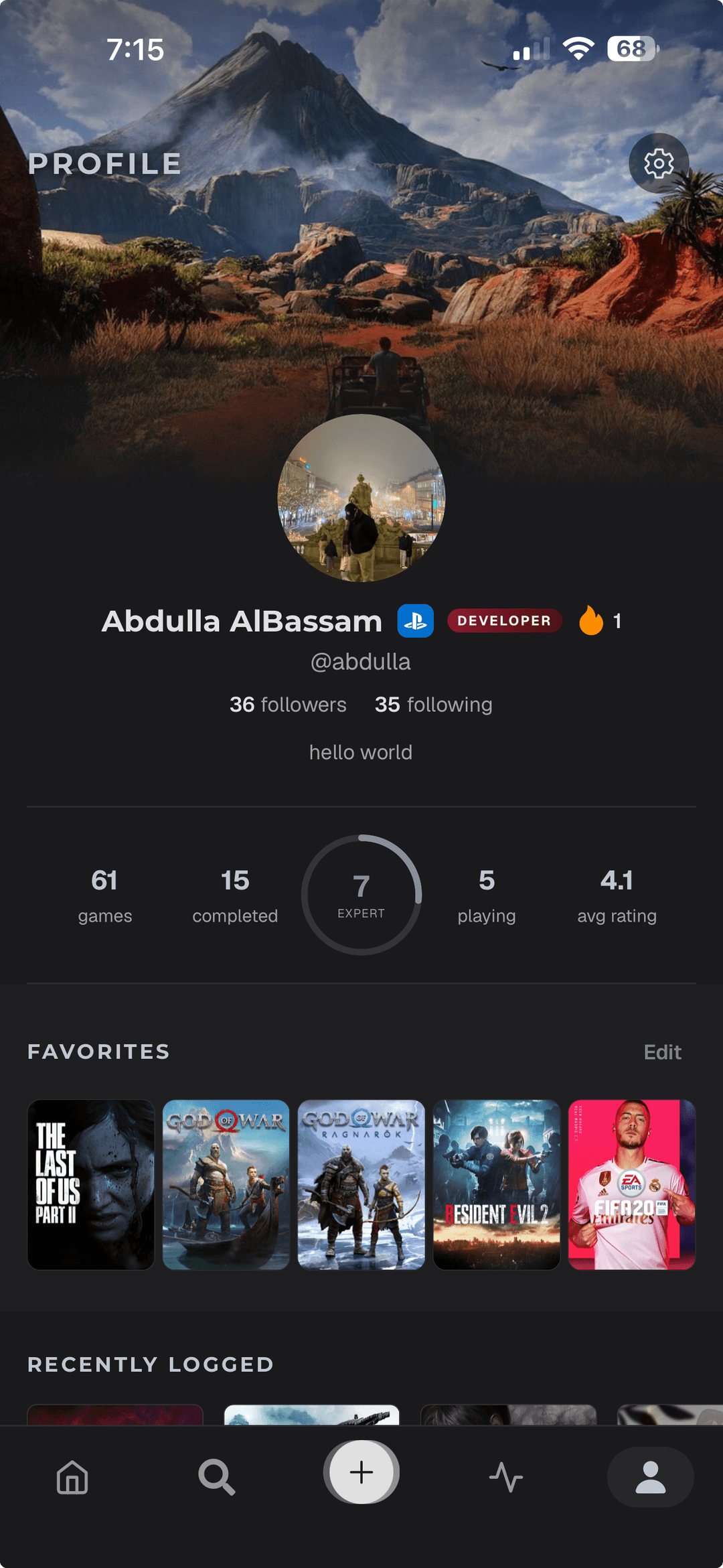 Profile with stats and favourite games