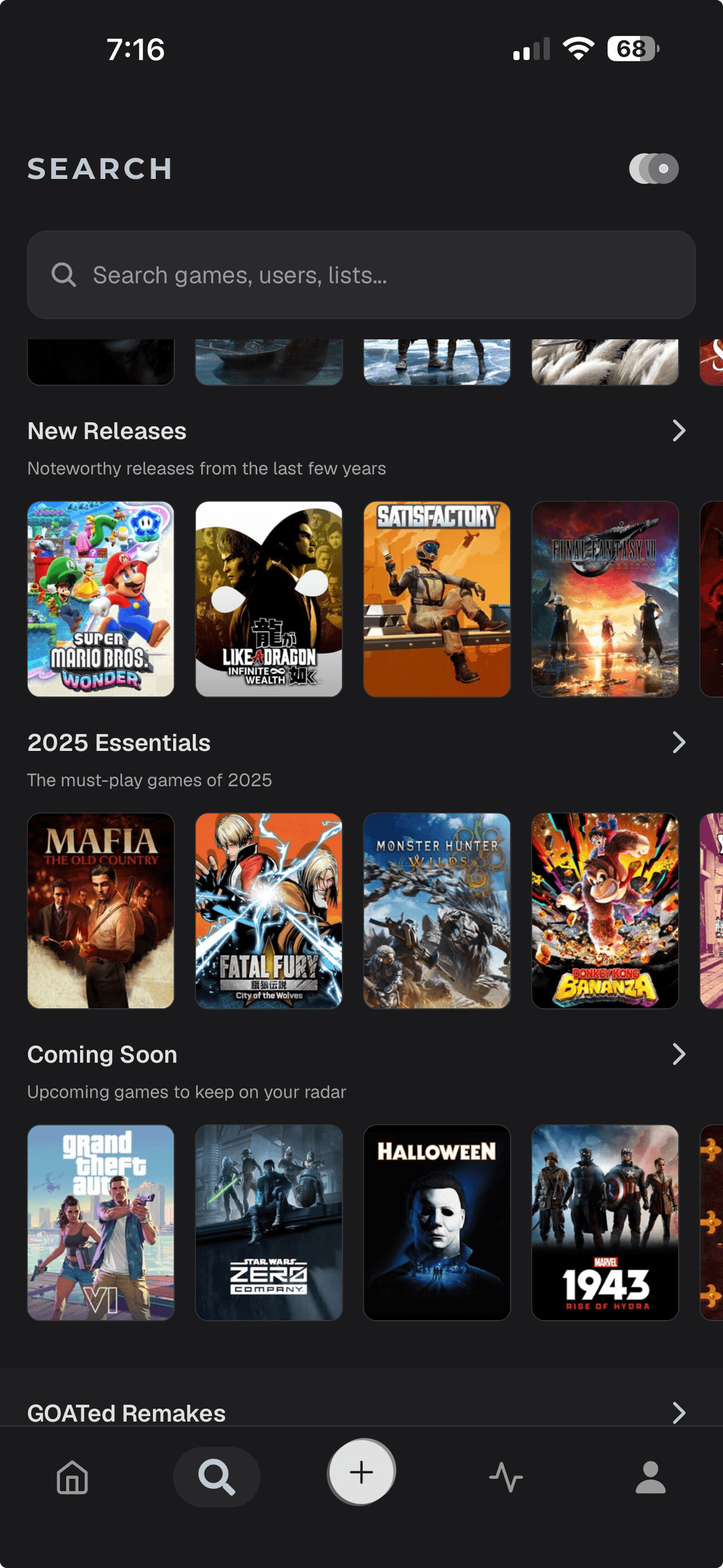Search feed with curated game lists